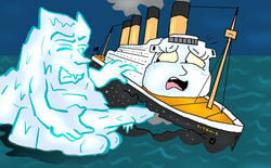 1boy 1girls anthropomorphization balls cruise_ship female frozen historical_event iceberg looking_at_viewer male mast nature night no_humans ocean outside penis personification smokestack testicles titanic uncensored water what