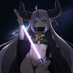 ai_generated burakurasu_(artist) hololive la+_darknesss lightsaber may4th navel smug space star_wars virtual_youtuber vtuber