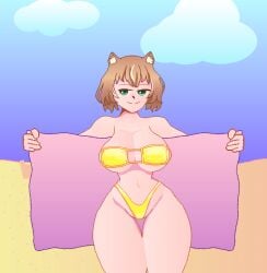 1girls ayunda_risu beach big_breasts bikini breasts brown_hair child_bearing_hips curvy curvy_body curvy_figure female female_only gold_bikini golden_bikini golden_week golden_week_bikini green_eyes hololive hololive_indonesia hololive_indonesia_area_15 large_breasts lewdlymn short_hair squirrel_ears squirrel_girl thick_ass thick_thighs virtual_youtuber wide_hips