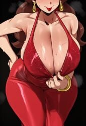 1girls ai_generated big_breasts blush breasts_focus cleavage cleavage_focus cleavage_pull female female_only hand_on_hip head_out_of_frame huge_breasts leaning_forward light-skinned_female mario_(series) nintendo pauline seductive_smile smile solo_female standing sweaty_body tagme thick_thighs wide_hips