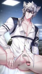 1boy absurdres animal_ear_fluff animal_ears anus arknights armband bar_censor bottomless censored flaccid grey_eyes grey_hair hair_between_eyes highres kjerag_logo long_hair long_sleeves looking_at_viewer male_focus muscular muscular_male paid_reward_available partially_unbuttoned pectoral_cleavage pectorals penis pmoazi shirt silverash_(arknights) silverash_(elite_ii)_(arknights) smile snow_leopard_boy snow_leopard_ears solo solo_male spread_legs testicles thighs white_shirt