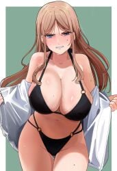 1girls angry angry_face artist_request ass_visible_through_thighs bang_dream! bang_dream!_it's_mygo!!!!! bikini bikini_bottom bikini_top black_bikini black_bikini_bottom black_bikini_top blue_eyes blush breasts brown_hair closed_mouth collarbone female female_only green_background groin huge_breasts long_hair multi-strapped_bikini_bottom nagasaki_soyo navel open_shirt parted_bangs portrait shadow shirt simple_background solo solo_female standing sweat sweatdrop teeth thick_thighs thighs very_high_resolution white_background white_shirt