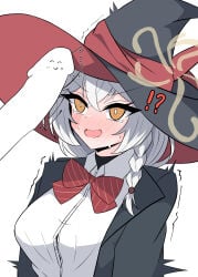 !? 1boy 1girl absurdres black_hat blue_archive blush bow bowtie braid breasts bright_pupils censored collared_shirt commentary_request diagonal-striped_bow diagonal-striped_bowtie diagonal-striped_clothes doodle_sensei_(blue_archive) erection eri_(blue_archive) hachitarou_0038 hair_between_eyes halo hat hetero highres jacket large_breasts large_penis long_hair looking_at_penis open_mouth penis penis_awe red_bow red_bowtie sensei_(blue_archive) shirt side_halo simple_background solo_focus striped_bow striped_bowtie striped_clothes tilted_halo twitching white_background white_hair white_pupils white_shirt witch_hat yellow_halo