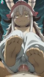 nanachi nanachi_(made_in_abyss) made_in_abyss furry 1other soles feet foot_focus whiskers animal_ears rating:safe smile hat eyebrows_visible_through_hair topless toes tail horns looking_at_viewer foreshortening yellow_eyes horizontal_pupils white_hair sweat ears_through_headwear long_hair solo 1girls ai_generated artist_name artist_signature hi_res high_resolution highres kurutai subscribestar subscribestar_username uncensored
