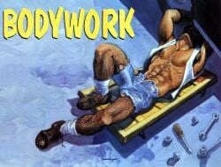 1boy abs anos_nemos_(david_martin) armpit_hair balls balls_through_leghole bara black_hair bulge english_text erection gay hairy male male_only mechanic muscular nipples original penis penis_outline penis_through_leghole repairing screw screwdriver shorts solo text traditional_media vehicle wrench yaoi