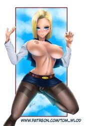 abs android_18 blonde_hair blue_eyes breasts cameltoe dragon_ball erect_nipples large_breasts short_hair shounen_jump tom_wlod