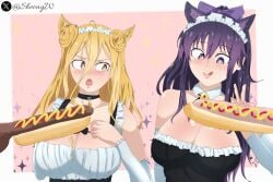 sheong_wong nsfw date_a_live hoshimiya_mukuro yatogami_tohka big_breasts big_boobs boobies long_hair purple_hair purple_eyes yellow_hair yellow_eyes maid maid_uniform nekomimi long_penis long_dick hotdogging hot_dog dark_skin dark_penis dark-skinned_male 2girls 2boys 2girls2boys food_play