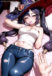 1boy 1girl ai_generated alternate_costume arm_up bangs bare_shoulders black_hair black_panties blush breasts cleavage closed_mouth condom condom_in_mouth condom_wrapper denim earrings genshin_impact green_eyes hair_ornament half-closed_eyes hat heart-shaped_pupils highleg highleg_panties jeans jewelry long_hair looking_at_viewer lying medium_breasts midriff mona_(genshin_impact) mouth_hold navel on_back on_bed panties pants patreon_username pillow pov renalia seductive_smile shirt sleeveless smile solo_focus star star_earrings stomach symbol-shaped_pupils tank_top thong torn_clothes torn_jeans torn_pants twintails underwear white_shirt white_tank_top witch_hat