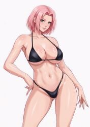 1girl 1girls abs anime_style bare_arms bare_midriff bare_shoulders best_quality bikini bikini_bottom bikini_top black_bikini breast_spillage cel_shading censored cleavage collarbone confident_smile cowboy_shot deep_cleavage detailed_eyes detailed_face digital_art earrings female female_only fit_female front_view green_eyes hand_on_hip heavy_breasts hourglass_figure huge_breasts large_breasts light_smile lollololli looking_at_viewer masterpiece mature_female metal_ring micro_bikini muscular_female muscular_stomach naruto navel o-ring oily_skin pale_skin parted_bangs pink_hair posing revealing_clothes sakura_haruno shiny_skin short_hair sideboob simple_background skimpy_swimwear smile smirk soft_shading solo specular_highlights standing stomach string_bikini stud_earrings sweaty swimwear thick_thighs toned_abdomen underboob voluptuous white_background wide_hips