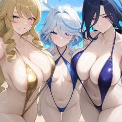 3girls ai_generated beach boobs_bigger_than_head clorinde_(genshin_impact) comparing comparison female female_only flat_chest furina_(genshin_impact) genshin_impact hoyoverse long_hair mihoyo navia_(genshin_impact) selfie sling_bikini slingshot_swimsuit small_breasts video_games