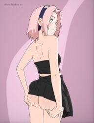 1girl ass ass_focus ass_grab back_view blush blushing cheeks female female_only green_eyes legs legs_together looking_back naruto_(classic) naruto_(series) pink_hair pretty_face pretty_girl provocative provocative_pose sakura_haruno sakura_haruno_(genin) simple_background simple_shading skirt skirt_lift skirt_up thighs ubau