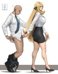 1boy 1girl absurdres alternate_costume ass assertive_female bar_censor black_skirt blonde_hair breasts censored clothes_pull commentary_request cynthia_(pokemon) erection faceless faceless_male from_side full_body grabbing_another's_penis hair_ornament hetero highres large_breasts long_hair miniskirt office_lady pants pants_pull pencil_skirt penis pokemon shirt skirt taut_clothes taut_shirt very_long_hair walking wasabishouyu white_shirt
