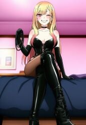 ai_generated asian bed bedroom big_breasts blonde_hair boots choker cleavage crossed_legs dominatrix dominatrix_outfit earrings elbow_gloves femdom gloves holding_object holding_whip hourglass_figure jewelry kitagawa_marin latex latex_boots latex_clothing latex_gloves latex_legwear latex_thighhighs looking_at_viewer marin_kitagawa my_dress_up_darling on_bed pantyhose pink_eyes posing_for_the_viewer red_eyes sitting_on_bed sono_bisque_doll_wa_koi_wo_suru whip winking_at_viewer young_female