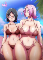 2girls female female_only female_focus curvy voluptuous voluptuous_female curvaceous curvy_figure curvy_female tagme thighs thick_thighs boruto:_naruto_next_generations naruto_(series) naruto naruto_(classic) shounen_jump mother_and_daughter hi_res highres high_resolution absurd_res absurdres absurd_resolution mother mother_(lore) milf mature_female trend reference meme mother_daughter_boob_envy_(meme) pink_hair short_hair bob_cut black_hair black_eyes green_eyes wide_hips breast_size_difference size_difference height_difference taller_female taller_girl shorter_female bikini bikini_top bikini_bottom red_bikini pink_bikini brown_bikini alternate_version_available akuroruka navel midriff stomach belly breasts big_breasts large_breasts busty huge_ass cleavage medium_breasts breast_comparison glasses shiny shiny_skin shiny_breasts glistening glistening_body glistening_skin glistening_breasts smile smiling beach water ocean outside outdoors front_view sand bare_shoulders filter sarada_uchiha sakura_haruno haruno_sakura duo duo_focus