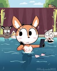 redpandanull tsunoda retsuko fenneko haida_(aggretsuko) chief_komiya aggretsuko aggressive_retsuko sanrio female male anthro deer hyena meerkat fox fennec_fox red_panda horns wardrobe_malfunction breasts ? ! blush pool wet phone bra