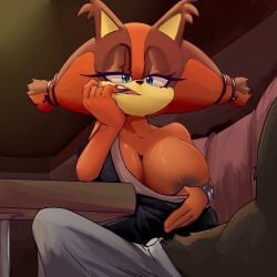 1boy 1girls anthro areola areolae badger big_breasts black_dress blue_eyes breasts brown_body brown_fur brown_nipples clothing dress duo erection erection_under_clothing female finger_in_mouth fur furniture hetero hi_res male mammal multicolored_body multicolored_fur mustelid musteline nes_panda nipples one_breast_out orange_body orange_fur sega sonic_(series) sonic_boom sonic_the_hedgehog_(series) sticks_the_badger straight table