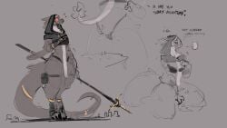 absurd_res anthro big_tail bra claws clothing dialogue dragon english_text female headgear headwear hi_res macro masturbation melee_weapon mythological_creature mythological_scalie mythology nun_outfit polearm pouch_(clothing) red_sclera scalie sigh simple_background solo spear tail text thesociallyawkwardpinguin underwear weapon