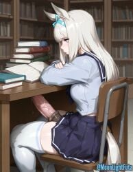 ai_generated moonlightfuta futanari futa_only solo abs huge_cock horsecock horse_girl horse_penis horsecock_futa horse_ears horse_tail pale_skin white_hair silver_hair blue_eyes school_uniform schoolgirl book student studying library leaking_precum big_balls public_nudity public_exposure