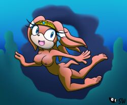 anthro areolae ass ass_up black_nose blue_eyes breasts echidna female female_only hair happy legs mammal medium_breasts monotreme nipples nude ocean open_mouth orange_fur orange_hair sea sega shadowwalk smile solo sonic_(series) swimming tail thighs tikal_the_echidna underwater watermark