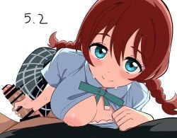 1boy 1girl aqua_eyes aqua_ribbon bar_censor black_shirt blue_shirt blue_skirt blush braid breasts brown_hair censored commentary_request dated emma_verde erection freckles handjob hatohatoh hetero highres large_breasts looking_at_viewer love_live! love_live!_nijigasaki_high_school_idol_club low_twin_braids medium_hair neck_ribbon nijigasaki_school_uniform nipples one_breast_out open_clothes open_shirt penis plaid_clothes plaid_skirt ribbon school_uniform shirt skirt smile summer_uniform sweat twin_braids white_background
