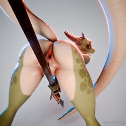 absurd_res anthro anus argonian bare_shoulders biped bodily_fluids butt claws curled_tail female female_anthro female_only finger_claws genitals green_body hi_res hobkobbo lifts-her-tail looking_pleasured melee_weapon microsoft nude polearm scalie simple_background solo spear tail the_elder_scrolls the_lusty_argonian_maid vulva weapon yellow_eyes
