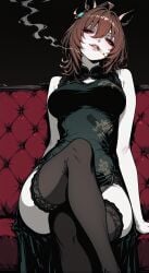 agnes_tachyon_(umamusume) umamusume umamusume_pretty_derby horse_girl horse_ears sitting sofa femdom big_breasts wide_hips thick_thighs cigarette smoking half-closed_eyes yandere stockings ai_generated mayyreel dominant dominant_female humiliation chinese_clothes red_eyes mature_female milf