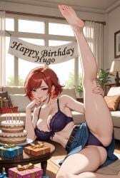 ai_generated big_breasts birthday_cake black_bra black_lingerie black_thong blue_eyes cake couch exhibitionism feet female female_only gift_box happy happy_birthday jean_skirt legs legs_up living_room looking_at_viewer original_character party red_hair skirt smile smiling smiling_at_viewer