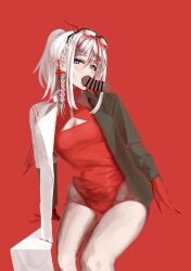 1girls arknights bar_censor blowjob censor_bar censored censored_penis cock dick eyebrows_visible_through_hair fellatio female genitals glasses hair_between_eyes hourglass_figure killme_(artist) nian_(arknights) penis pointy_ears red_background red_gloves simple_background thick_thighs thighs woman