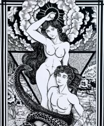 adam_(bible) adam_and_eve black_and_white eve_(bible) fully_nude gabriele_zamboni garden_of_eden human_artist male/female mythology no_ai nude one_female one_male satan snake