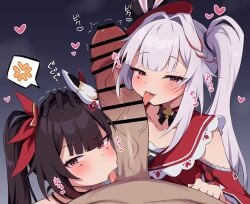 1boy 2girls absurdres anger_vein bar_censor black_hair breasts capelet censored commentary_request cooperative_fellatio diamond_(shape) diamond_facial_mark dual_persona erection facial_mark fellatio ffm_threesome fox_mask group_sex hat head_rub heart heart_facial_mark hetero highres honkai:_star_rail honkai_(series) large_penis licking licking_penis long_hair looking_at_viewer maruichi_pepeto mask mask_on_head mini_hat mini_top_hat multiple_girls oral paid_reward_available penis purple_eyes red_capelet small_breasts smile sparkle_(honkai:_star_rail) sparxie_(honkai:_star_rail) spoken_anger_vein teamwork_(sexual) threesome top_hat twintails very_long_hair white_hair