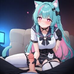 neverness_to_everness mint_(neverness_to_everness) heart_eyes heart_symbol pink_eyes turquoise_hair pink_hair 1boy 1girls 1boy1girl 1:1 ai_generated dick handjob cute couple stockings white_stockings gloves anime_style 2d