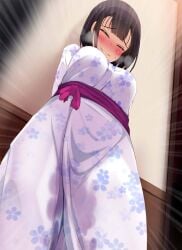 1girls black_hair blush breasts center-flap_bangs closed_eyes clothed clothing cowboy_shot ears endure_to_moan endured_face enduring_face eyebrows_visible_through_hair female female_focus female_only floral_print floral_print_kimono hands_behind_back indoors kimono light medium_breasts medium_hair moan_suppressed_by_orgasm motion_lines orgasm orgasm_face orgasm_from_vaginal original portrait pussy_juice pussy_juice_on_clothing shadow sidelocks solo solo_focus standing stealth steam steamy steamy_breath striped_clothing striped_kimono upscaled very_high_resolution wall wet_kimono yukata yuzumiya_mono