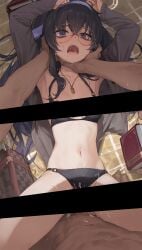 1boy 1girl 1girls absurdres ai_generated armpits atypo84 bikini bilingual_commentary blue_archive blush commentary cum cum_on_body english_commentary female hanging highres mixed-language_commentary navel open_mouth rape saliva sex swimsuit ui_(blue_archive)
