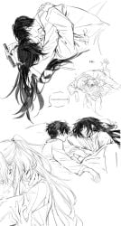 2boys alcohol alcohol_bottle drunk drunk_bubble holding_hands hong_lu hugging_partner kiss kissing limbus_company looking_at_viewer passed_out passionate_kiss project_moon waving_at_viewer yaoi yi_sang_(limbus_company)