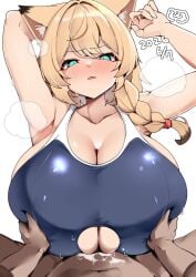 1boy 1girl big_breasts big_penis blonde_hair blush breast_grab breasts brown-skinned_male cat_ears clothed_paizuri cum cum_on_breasts cyan_eyes ejaculation ejaculation_between_breasts female gigantic_breasts huge_breasts huge_cock light-skinned_female light_skin looking_at_viewer male massive_breasts nana_puri nekomimi nude nude_female nude_male paizuri paizuri_under_clothes penis ponytail short_hair sweat sweatdrop swimsuit swimwear