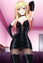 ai_generated asian bedroom big_breasts blonde_hair boots choker cleavage dominatrix dominatrix_outfit dress earrings elbow_gloves femdom gloves hand_in_hair hourglass_figure jewelry kitagawa_marin latex latex_boots latex_clothing latex_dress latex_gloves latex_legwear latex_thighhighs looking_at_viewer marin_kitagawa my_dress_up_darling pantyhose pink_eyes posing_for_the_viewer red_eyes sono_bisque_doll_wa_koi_wo_suru tight_dress young_female