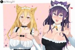 sheong_wong nsfw date_a_live hoshimiya_mukuro yatogami_tohka big_breasts big_boobs boobies long_hair purple_hair purple_eyes yellow_hair yellow_eyes maid maid_uniform nekomimi long_penis long_dick hotdogging hot_dog dark_skin dark_penis dark-skinned_male 2girls 2boys 2girls2boys food_play