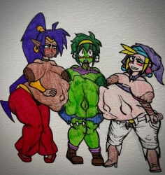 3girls alternate_breast_size artist_request blonde_hair blonde_hair_female enjoying_pregnancy female female_only fetal_movement green_skin green_skinned_female kicking_(pregnancy) multiple_girls pregnant pregnant_belly pregnant_belly_to_pregnant_belly pregnant_female purple_hair purple_hair_female rottytops shantae shantae_(character) sky_(shantae) traditional_art wanting_sex wayforward zombie zombie_girl