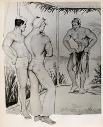 3boys archived_source etienne_(artist) flare_pants gay male male_only monochrome muscular nipples no_visible_genitalia original pubic_hair sailor sailor_hat shorts traditional_media yaoi
