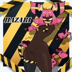2026 2_horns anthro arachnid arthropod biped black_text blush breasts brown_body clenched_teeth english_text eyebrows eyelashes female female_only fingers floating_hands genitals hair hazard_stripes hazari_(latiar) hi_res horn kirby_(series) latiar looking_at_another motion_lines name_drop nintendo nude open_mouth open_smile pink_hair shadow sharp_teeth signature smile solo standing teeth text vulva