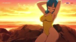1girls beach big_breasts breasts dragon_ball dragon_ball_z female female_only flirting_with_viewer leo_amaya21 looking_at_viewer maron sky_blue_hair smiling_at_viewer sunset swimsuit tagme video wave waves yellow_clothing