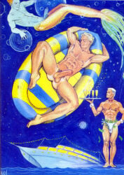 3boys anos_nemos_(david_martin) ass balls blonde_hair bubble bulge cruise_ship erection gay ginger inflatable laying_down male male_only merman money muscular necktie night nipples original penis pubic_hair red_necktie relaxing sleeping spread_legs star_(sky) tan_skin tanline thong traditional_media waiter white_hair white_thong yaoi