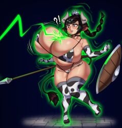 baldur's_gate baldur's_gate_3 big_breasts black_hair breast_expansion confused cow_accoutrements cow_bell cow_print female female_only half_elf huge_breasts shadowheart shortstack shortstackification strongmoist tagme transformation
