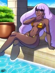 1girls alternate_version_available bikini bikini_bottom bikini_top bottomwear breasts cleavage crossed_legs female female_only game_freak golden_bikini golden_week hair jacinthe_(pokemon) legs_crossed long_hair medium_breasts ojou-sama_pose open_mouth pokemon pokemon_legends:_z-a pool poolside purple_eyes solo solo_female stormkingdavid swimwear thighs topwear white_hair yellow_bikini yukari_(pokemon)