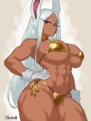 1girl abs alternate_costume animal_ears artist_name big_breasts bikini boku_no_hero_academia breasts chermat cleavage commentary contrapposto dark-skinned_female dark_skin english_commentary gloves gold_bikini gold_choker gold_eyeshadow gold_swimsuit gold_swimwear golden_bikini golden_swimsuit golden_swimwear golden_week hand_on_own_hip highres huge_thighs large_breasts long_eyelashes long_hair looking_at_viewer mirko miruko my_hero_academia navel parted_bangs parted_lips rabbit_ears rabbit_girl rabbit_tail red_eyes rumi_usagiyama side-tie_bikini_bottom skindentation solo stomach swimsuit tail thick_thighs thighs toned toned_female usagiyama_rumi very_long_hair white_gloves white_hair