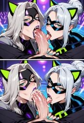 1boy 2girls aqua_nails balls_sucking between_legs bisexual_female black_mask cat_ears cat_eyes cooperative_fellatio cum cum_in_mouth cum_on_tongue cum_swallowing cum_swap cumswap double_blowjob double_fellatio eating_cum eye_mask fangs fellatio ffm_threesome fur furtrimmed_bodysuit green_eyes grey_hair group_sex hair_bun holding_head holding_penis huge_cock huge_penis lips lipstick long_hair looking_at_viewer mask masked multiple_girls multiple_views nail_polish nails open_mouth oral penis pov pov_crotch pov_eye_contact purple_lips purple_lipstick silver_hair spread_legs suit superhero_costume superheroine swallowing swallowing_cum teamwork_sexual teeth threesome tiger_division tongue tongue_out white_hair yuri_with_male_audience meta 2 highres patreon_username uncensored ai_generated