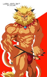 abs anthro biceps blue_eyes bulge clothing digimon ear_piercing fangs furry jockstrap leomon logan_sato long_ears male male_only mane muscular nipples pecs penis penis_outline piercing pointy_ears solo underwear vein