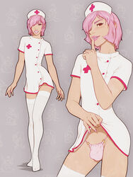 1boy 1femboy akio_(tk) androgynous blush brown_eyes bulge crossdressing dress dress_lift femboy femboy_nurse feminine_male finger_on_lip finger_to_mouth girly index_finger_raised jahi looking_at_viewer male male_only nurse nurse_cap nurse_outfit original_character panties pink_hair pink_lipstick pink_nails pink_panties short_hair skirt_lift smile solo solo_focus standing thighhighs trap yuni