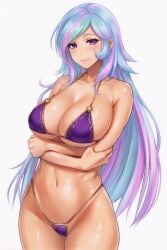1girl 1girls anime_style arms_crossed arms_under_breasts bangs bare_arms bare_midriff bare_shoulders best_quality bikini blue_hair breast_spillage cel_shading censored cleavage collarbone cowboy_shot crossed_arms curvy deep_cleavage detailed_eyes detailed_face digital_art female female_only flowing_hair front_view gentle_smile gigantic_breasts gijinka gold_trim halterneck heavy_breasts hourglass_figure huge_breasts lollololli long_hair looking_at_viewer masterpiece mature_female micro_bikini multicolored_hair my_little_pony navel oily_skin pale_skin partially_undressed pastel_hair pink_hair posing princess_celestia purple_bikini purple_eyes purple_hair revealing_clothes shiny_skin simple_background skimpy_clothes skimpy_swimwear smile soft_shading solo specular_highlights standing stomach string_bikini sun_symbol sweaty swimwear thick_thighs voluptuous white_background wide_hips