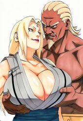 1boy 1girls 2d accurate_art_style accurate_body_type ai_generated big_breasts blonde_female blonde_hair breast_grab breast_lift breasts brown_eyes busty busty_female cel_shading cleavage clothed clothing collarbone dark-skinned_male dark_skin duo duo_focus eye_contact facial_hair female forehead_jewel forehead_mark from_behind goatee grabbing grabbing_another's_breast grabbing_from_behind grey_kimono hetero high_resolution highres huge_breasts interracial japanese_clothes kimono large_breasts light_skin line_art lipstick long_hair looking_at_another looking_at_partner low_twintails makeup male manga_style manly masashi_kishimoto_style mature_female muscular muscular_male mustache naruto naruto_(series) naruto_shippuden no_bra obi official_style orange_eyes parted_lips pectorals pink_lips pink_lipstick raikage sash shiny_hair shiny_skin shirtless short_eyebrows simple_background sleeveless sleeveless_kimono sleeveless_shirt standing straight tsunade twintails upper_body v-shaped_eyebrows waifu white_background